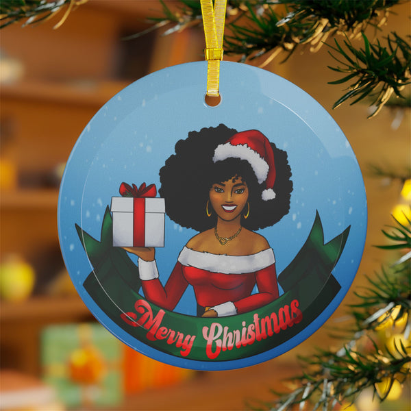 African American Mrs. Claus Glass Christmas Ornament