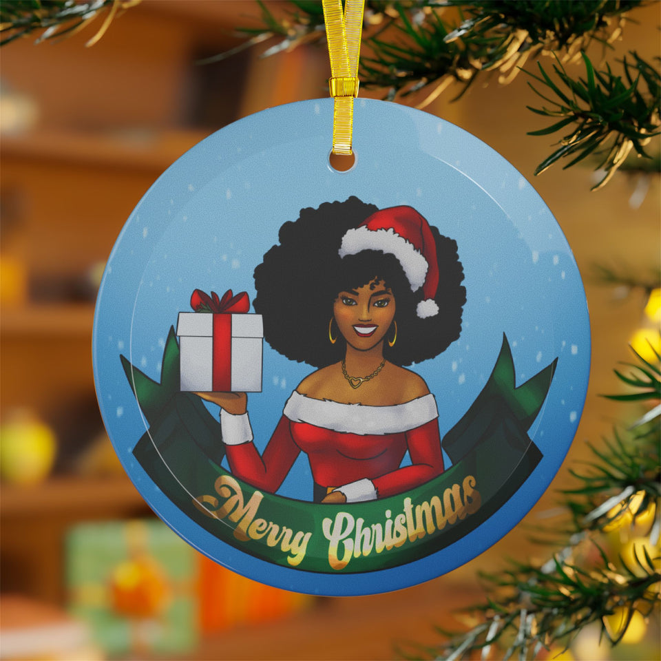 African American Mrs. Claus Glass Christmas Ornament