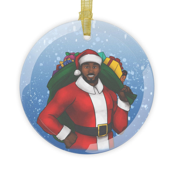 African American Santa Glass Ornament